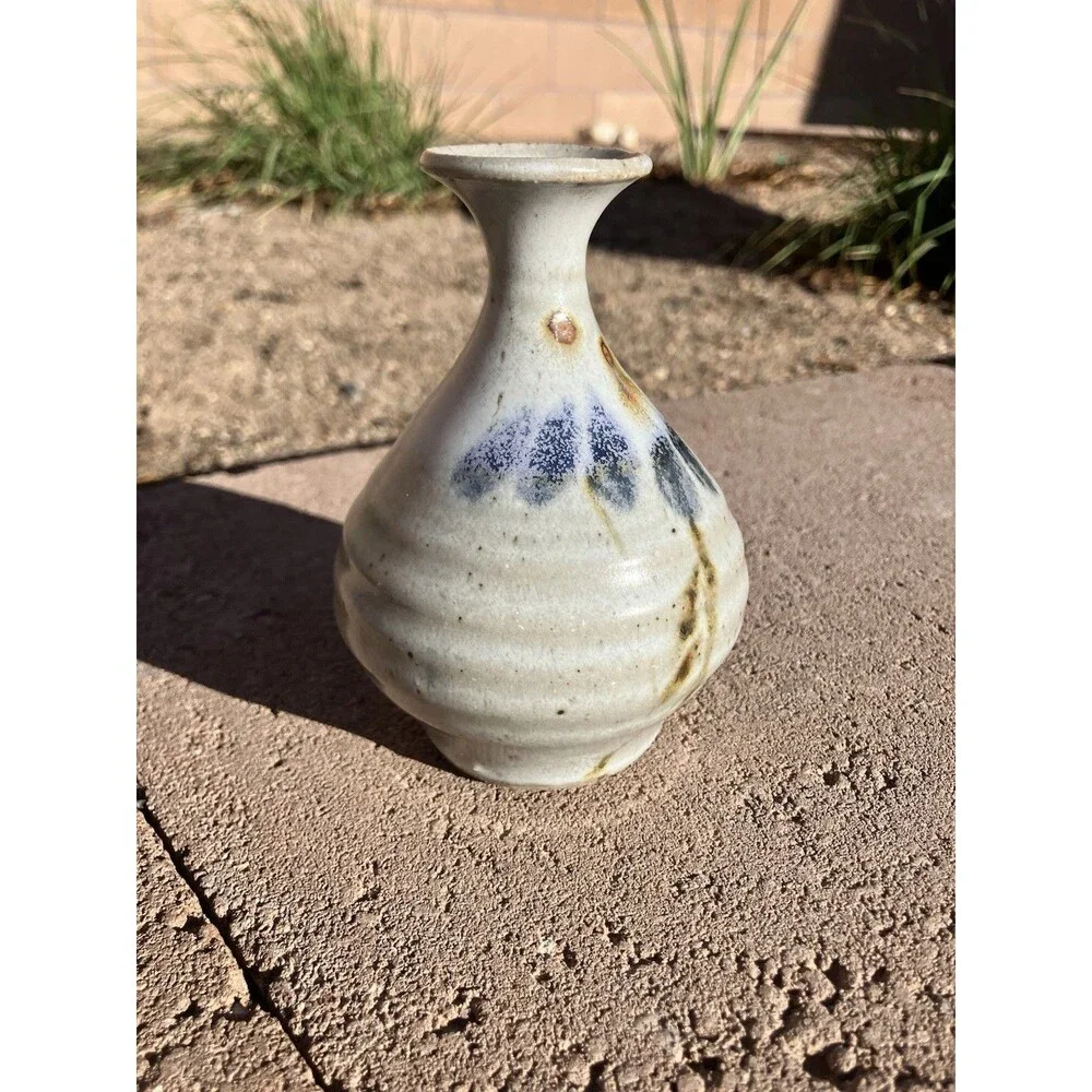 4.5”x3” Glazed Hand Made Pottery Bud Vase Artist Signed Stoneware
